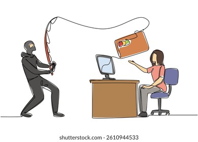 Single continuous line drawing woman typing on laptop and thief fishing for large credit card. Committing a crime. Hacker. National Senior Fraud Awareness Day. One line design vector illustration