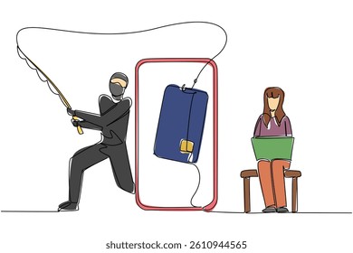 Single continuous line drawing a woman sits on small sofa hold laptop and thief fishing credit card. No security layer. Hack. National Senior Fraud Awareness Day. One line design vector illustration
