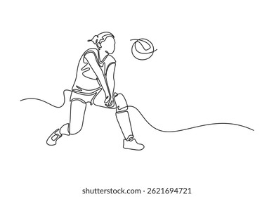 Uma mulher de desenho de linha contínua jogando vôlei no salão de esportes e recebendo uma bola com passe de ressalto. Jogadora treinando com sua equipe em treinamento. Ilustração de vetor de design gráfico com desenho de uma linha