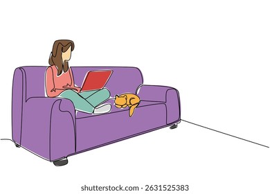 Single continuous line drawing a woman sitting cross legged on sofa with laptop on lap and cat lying down. Online meeting. Report. National Work From Home Day. One line design vector illustration