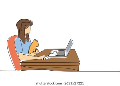 Single continuous line drawing a woman sits on a chair typing on a laptop and hugging a cat. Creating charts for online presentations. National Work From Home Day. One line design vector illustration