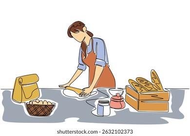 Single continuous line drawing a woman flattens the dough using a rolling pin. A fun new hobby. Getting creative with cooking. Delicious snacks. World Baking Day. One line design vector illustration