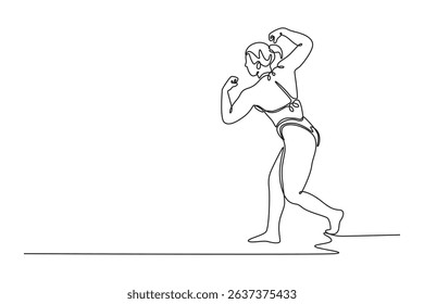 Single continuous line drawing woman bodybuilder showing back muscles at national bodybuilding competition. Strong woman with perfect abs, shoulders. One line draw graphic design vector illustration
