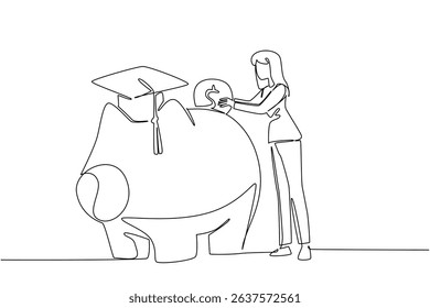 Single continuous line drawing a woman puts a dollar coin into a big piggy bank wearing a graduation cap. Opening an education savings account. College Savings Day. One line design vector illustration