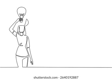 Single continuous line drawing a woman with head uncover and lifts a lightbulb above her head. Bringing out the harmony. Innovate. Smart. National Creativity Day. One line design vector illustration