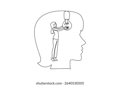 Single continuous line drawing a woman installs a large bulb inside the silhouette of a large head. Helps facilitate reasoning. Genius. National Creativity Day. One line design vector illustration