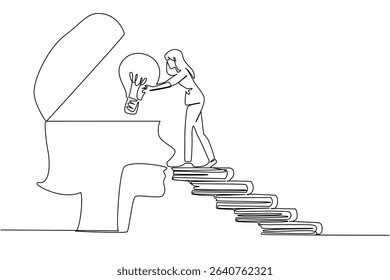 Single continuous line drawing a woman walks carry a big lightbulb towards a silhouette of a head with open top. Instilling peace of mind. National Creativity Day. One line design vector illustration