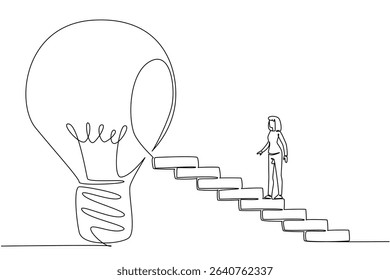Single continuous line drawing woman walks up ladder towards big lightbulb with hole in center. Education increases the level of thinking. National Creativity Day. One line design vector illustration