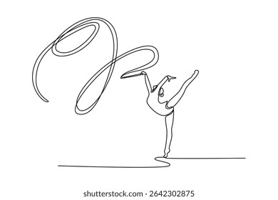 Single continuous line drawing woman exercising rhythmic gymnastics with ribbon. Female gymnast elegantly twirls ribbon, her precision, grace, and artistry. One line graphic design vector illustration