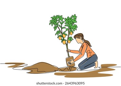 Single continuous line drawing woman inserts a lemon tree bearing fruit into a hole in the ground. Instead of buying, it is better to plant. Plant a Lemon Tree Day. One line design vector illustration
