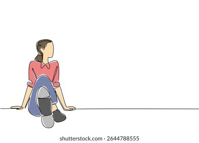 Single continuous line drawing a woman wear tap dance shoes sitting with her legs stretched out. Take a break before the next performance. National Tap Dance Day. One line design vector illustration
