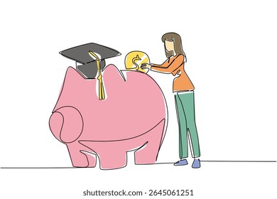 Single continuous line drawing a woman puts a dollar coin into a big piggy bank wearing a graduation cap. Opening an education savings account. College Savings Day. One line design vector illustration