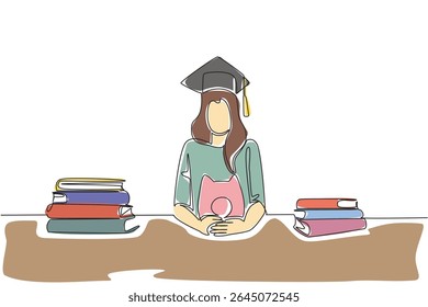 Uma única linha contínua desenhando uma mulher usando um boné de graduação segurando um cofrinho e uma pilha de livros grossos. Prepare-se para o ensino superior. Dia da Economia Universitária. Ilustração de vetor de design de uma linha