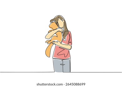 Uma linha contínua desenhando uma mulher em roupas casuais abraçando um gato com ambas as mãos. Estreita amizade com animais de estimação obedientes. Amor. Dia Internacional do Abraço do Gato. Ilustração de vetor de design de uma linha