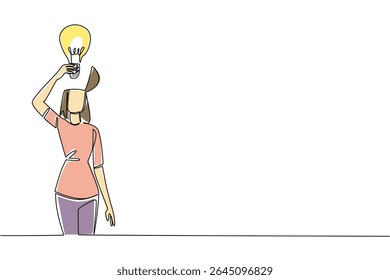 Single continuous line drawing a woman with head uncover and lifts a lightbulb above her head. Bringing out the harmony. Innovate. Smart. National Creativity Day. One line design vector illustration