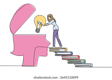 Single continuous line drawing a woman walks carry a big lightbulb towards a silhouette of a head with open top. Instilling peace of mind. National Creativity Day. One line design vector illustration
