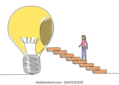 Single continuous line drawing woman walks up ladder towards big lightbulb with hole in center. Education increases the level of thinking. National Creativity Day. One line design vector illustration