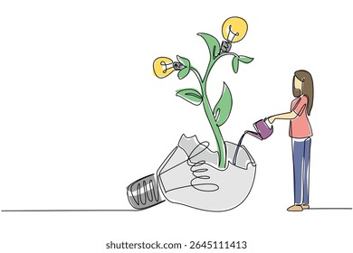 Linha única contínua desenhando uma mulher regando planta com fruto de lâmpada crescendo de dentro lâmpada quebrada. Esqueça os erros do passado. Dia Nacional da Criatividade. Ilustração de vetor de design de uma linha