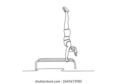 Linha única contínua desenho mulher atleta ginasta fazendo handstand em barras paralelas competição ginástica artística. Realizar movimento acrobático. Ilustração de vetor de design gráfico de desenho dinâmico de uma linha