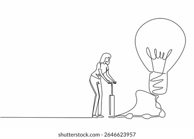Linha única contínua desenhando uma mulher em roupas casuais bombeando grande lâmpada e bolhas de ar na mangueira. Desenvolver o pensamento criativo. Dia Nacional da Criatividade. Ilustração de vetor de design de uma linha
