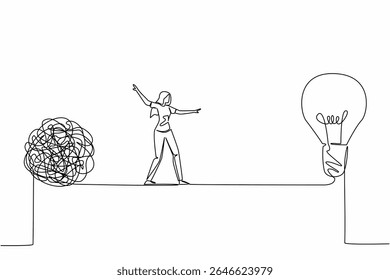 Uma única linha contínua desenhando uma mulher anda na corda bamba entre uma grande bola emaranhada e uma lâmpada. Luta para encontrar uma solução brilhante Dia Nacional da Criatividade. Ilustração de vetor de design de uma linha