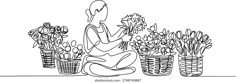 Single continuous line drawing a woman sitting and some baskets containing several types of flowers. Peddling on the roadside. Florist. National Small Business Day. one line Icon drawing
