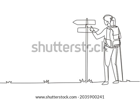 Single continuous line drawing woman hiker standing near direction sign or pointer. Girl with backpacks searching for location. Gets lost on nature. One line draw graphic design vector illustration