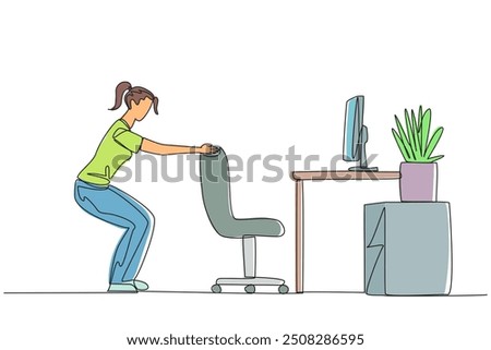 Single continuous line drawing woman stands with a slight bend and both hands hold the top of chair. Practice balance even though still have to work. Overtime. One line design vector illustration