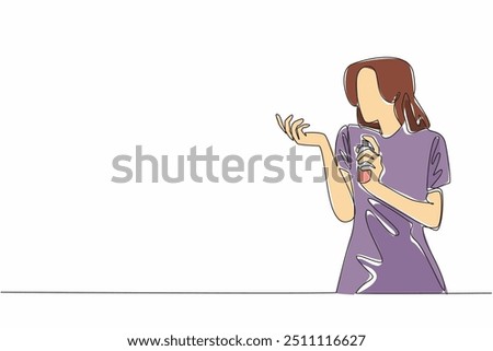 Single continuous line drawing woman sprays perfume bottle on other hand. Finding the right fragrance for the personality. Eau de perfume. National Fragrance Day. One line design vector illustration