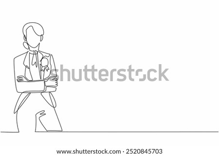 Single continuous line drawing woman in blazer stands with arms crossed, medal pinned to chest. Career achievements in the golden age. Employee Appreciation Day. One line design vector illustration