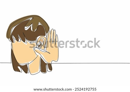 Single continuous line drawing woman holding her ear. Concentration required to hear. Avoiding miscommunication. Listen intently. Focus. Gesture. World Hearing Day. One line design vector illustration