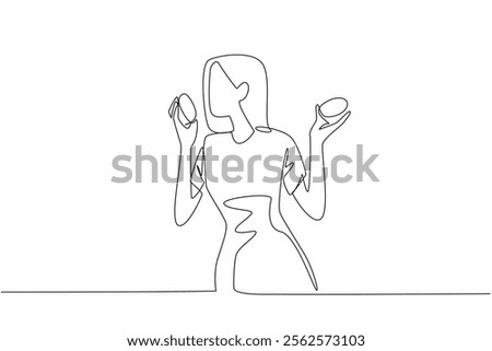 Single continuous line drawing a woman holding orange cut in half with both hands. The refreshing aroma of orange slices. Encouraging. National Sense Of Smell Day. One line design vector illustration