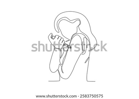 Single continuous line drawing of A woman with diabetes is injecting insulin independently. Medical health care service workers concept one line draw design vector graphic illustration

