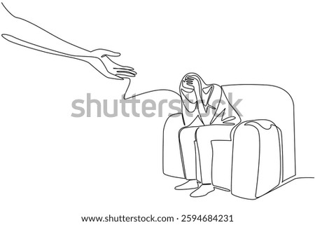 Single continuous line drawing a woman sitting on a sofa with both hands holding her head. Give a helping hand. National Mental Health Provider Appreciation Day. One line design vector illustration