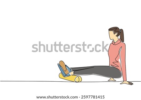Single continuous line drawing a woman exercising using a foam roller. Sprain. Minor ankle injury. Recovery. Restore joint strength. National Foam Rolling Day. One line design vector illustration