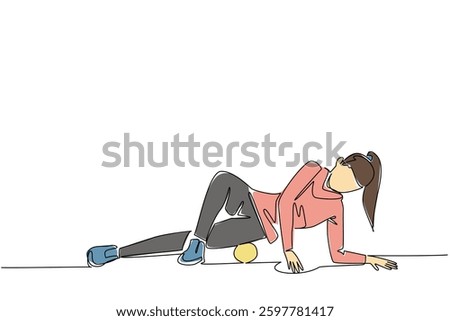 Single continuous line drawing a woman exercising using a foam roller. Demonstrate movements to relax the thigh muscles. Trainer. Gym. National Foam Rolling Day. One line design vector illustration