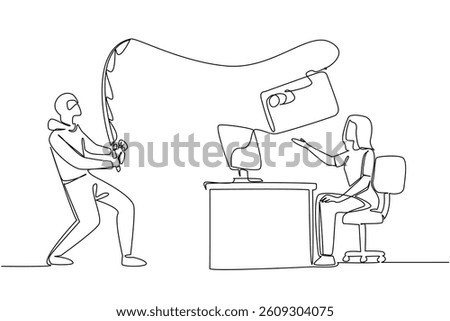 Single continuous line drawing woman typing on laptop and thief fishing for large credit card. Committing a crime. Hacker. National Senior Fraud Awareness Day. One line design vector illustration