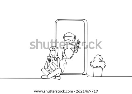 Single continuous line drawing woman sits cross legged holds a smartphone and big smartphone with robot. Customer care. Help. International Virtual Assistants Day. One line design vector illustration