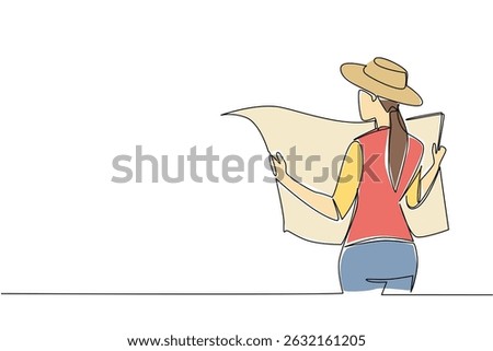 Single continuous line drawing a woman wearing a vest and cowboy hat holds and spreads a map. Searching for random items for fun. National Scavenger Hunt Day. One line design vector illustration