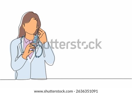 Single continuous line drawing woman doctor or scientist in laboratory holding syringe with liquid vaccines for children or older adults, fight against virus covid-19. One line graphic design vector