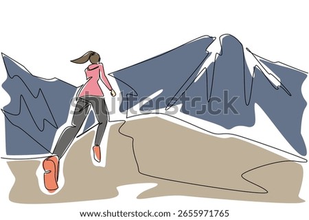 Single continuous line drawing a woman running on a mountain track. Stay enthusiastic even though it is holiday. Adventurer. Training. Jogging. National Trails Day. One line design vector illustration