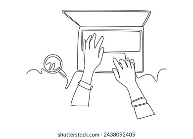 Single continuous line drawing of woman's hands typing on a laptop with a cup of coffee beside her. Happy work concept. Trendy one line draw design vector illustration