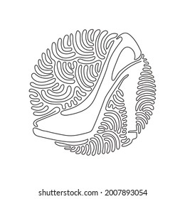 Single continuous line drawing women shoes icon. Lady high heels shoe outline. Fashion footwear design. Elegant women high heel shoe. Swirl curl circle background style. Dynamic one line draw graphic