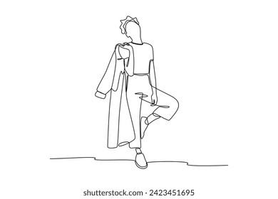 Single continuous line drawing of women hang his clothes on shoulders for take a photo. Fashion style icon. Fashion boutique. Swirl curl style. Dynamic one line draw graphic design vector illustration