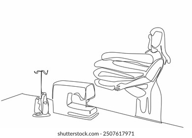 Single continuous line drawing women carrying piles of colorful fabrics. Ready to be placed near the sewing machine. Getting creative. Craft. National Quilting Day. One line design vector illustration