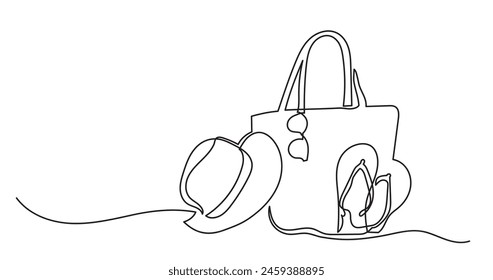 Einzelne durchgehende Strichzeichnung der Damen-Sommertasche mit Strandzubehör.Strandtasche, Sonnencreme, Handtuch, Strandhut, Sonnenbrille. Illustration für Poster, Banner, Flyer
