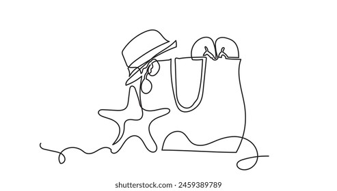 Single continuous line drawing of women's summer bag with beach accessories.beach bag, sun cream, towel, slippers’Beach hat, sunglasses with starfish. illustration for poster, banner, flyer
