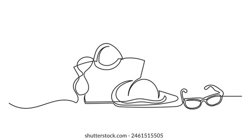 Single continuous line drawing of women's summer bag with beach accessories.beach bag, sun cream, towel, slippers’Beach hat, sunglasses with bikini.