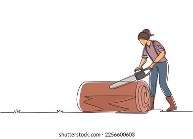 Single continuous line drawing wood industry worker with chainsaw working. Woman logger sawing log in forest. Girl lumberjack cut timberwood, woodcutter occupation. One line design vector illustration
