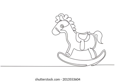 Single continuous line drawing wooden rocking horse chair children. Classic homemade wooden rocking horse for kids. Vintage children horse toy. Dynamic one line draw graphic design vector illustration